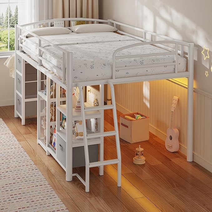 Low Loft Bed Twin Size with 4 Storage Drawers and LED Lights, Twin Loft Bed with Sling Bookcase & Toy Storage, Kids Twin Beds with Anti-Collision Pad & Play Curtain, Under-Bed Play Space, White+Grey