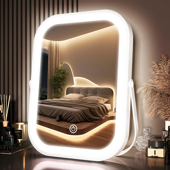 PRIMETEK Travel Makeup Mirror with Lights, Portable Small Beauty LED Vanity Mirror with Lights, 1200mAh Battery, Dimmable Touch Screen, Tabletop Folding Compact Mirror,Women Gift