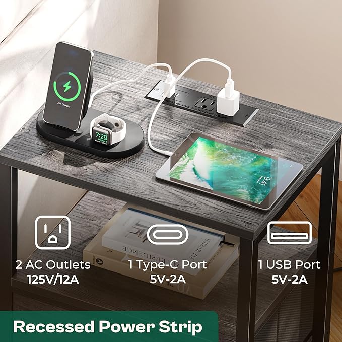 Huuger Nightstand with Charging Station, Fabric Drawers, End Table with Open Shelf, Bedside Table with USB Ports and Outlets, Night Stand for Bedroom, Gray