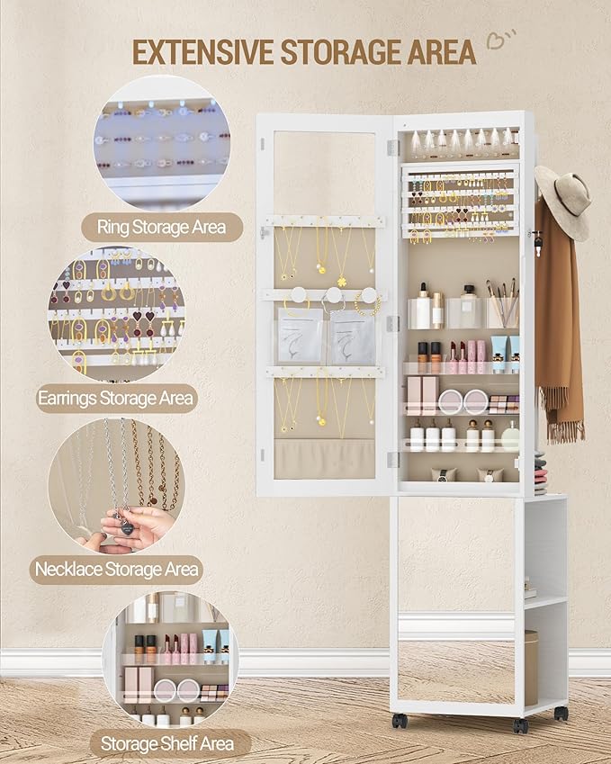 Hzuaneri 8 LEDs Jewelry Cabinet Armoire, 66.9-inch Jewelry Organizer with Garment Rack, Lockable Full-length Mirror with 4 Wheels, Storage Shelves with Hooks, 5-in-1, White and Beige JC17003BE