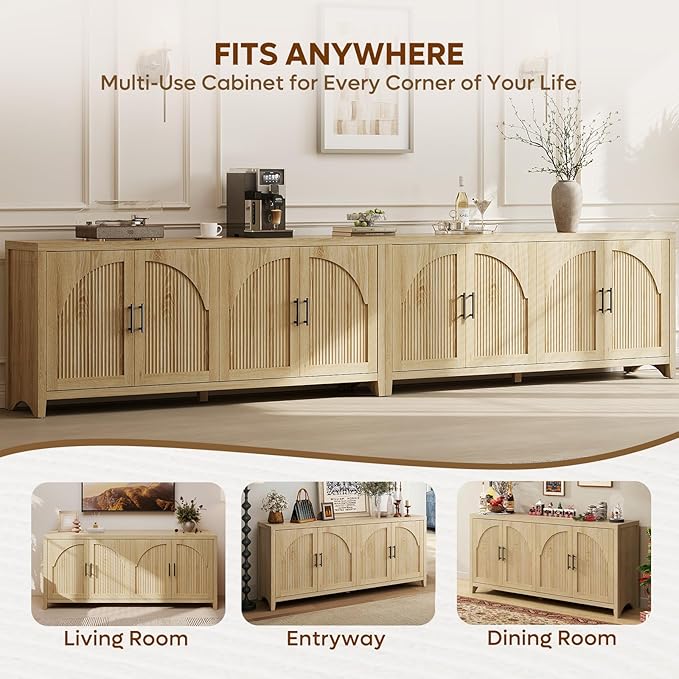 Bestier 70"W Sideboard Buffet Cabinet with Storage, Mid Century Credenza Storage Cabinet, 4 Doors Reeded Sideboard, Adjustable Shelves, Wood Buffet Long Cabinet for Living Room, Entryway, Coastal Oak
