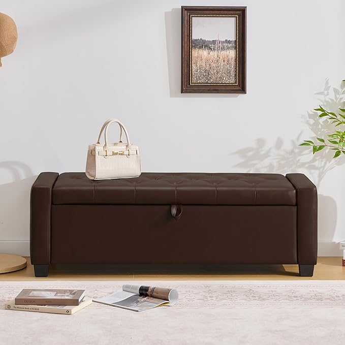 Huatean Home 48" Ottoman with Storage, Storage Ottoman Bench with Safety Hinge, Upholstered Entryway Bench with Seating for Bedroom, Living Room, Holds up to 330 lb, Dark Brown