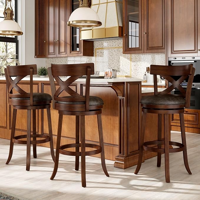 Sophia & William Swivel Bar Stools Set of 3, 30 Inch Bar Height Barstools with Cross Back & Solid Wood Legs,Faux Leather Kitchen Stools