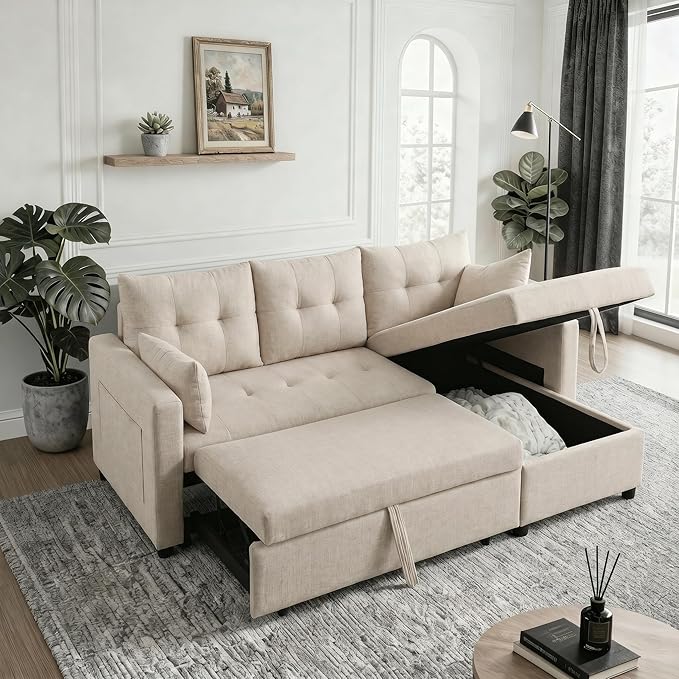 Convertible Sofa Bed, L Shape Sleeper Sofa with Reversible Storage Chaise, Tufted Fabric Sectional Sleeper Sofa with Pull Out Bed for Small Space, Living Room, Apartment, Almond