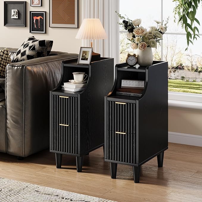 Fluted Nightstands Set of 2,Narrow Bedside Table with 2 Drawers & Storage, Farmhouse Walnut End Table Modern Side Table for Bedroom Livingroom Sofa Office, Small Space