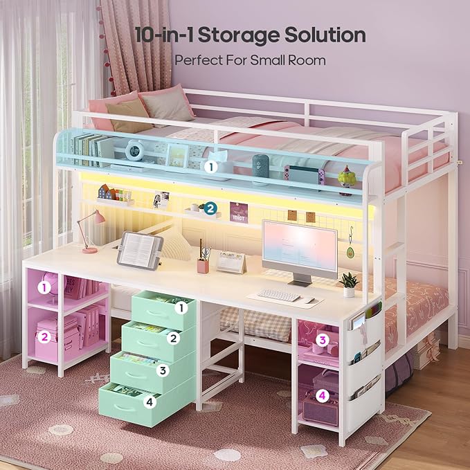 ADORNEVE Bunk Bed Twin Over Twin with 2 Person Desk, LED Lights Twin Bunk Bed with 4 Drawers,Storage Rack, 4 Shelves and Power Outles,Metal Twin Bunk Beds with Guardrail for Kids/Teens Bedroom, White