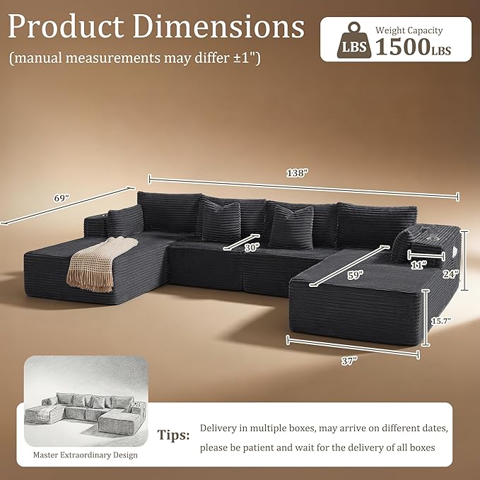 138" Cloud Sectional Couch, Comfort U Shaped Sofa for Living Room, Extra Deep Seats No Assembly, Minimalist Modular Couch, Corduroy (Dark Grey, 6 Seats,U-Shape C)