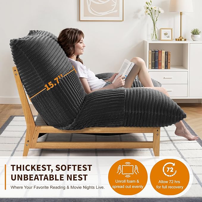 Oversized Cloud-Like Couch Single Seat, Extra-deep Seat Soft for Living Room, Minimalist Convertible Stuffed Bean Bag Cushion with Removable Washable Cover, Corduroy Dark Grey