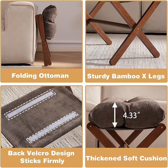 Baveke Ottoman Foot Rest- Bamboo Folding Stool, Foot Stools Small Ottman with Upholstered & X Legs, Foldable Stool for Makeup, Bedroom and Living Room, FSC-Certified (Large Brown)