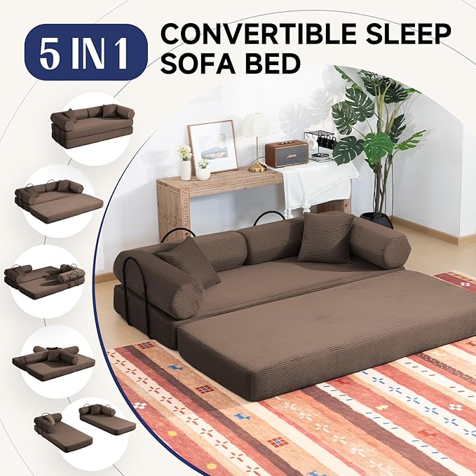 79" Boneless Couches for Living Room, Corduroy Sofa Bed with 2 Pillows,Side Pockets,Hex Arm, 5-in-1 Loveseat Sleeper Sofa for Small Spaces, High-Density Foam Couch, No Assembly, Brown