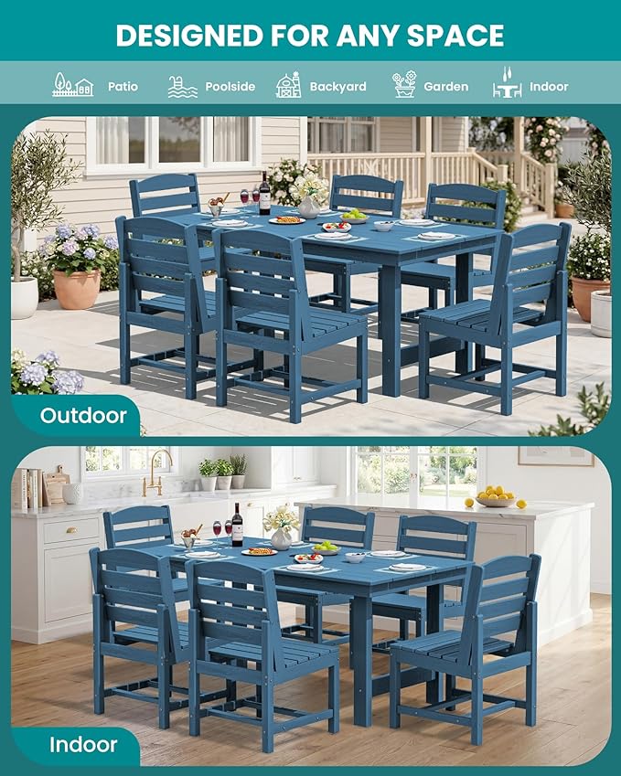 SERWALL Patio Dining Sets for 10 Person, HDPE Dining Set with 2 Tables, 8 Armless Chairs and 2 Armed Dining Chairs, Blue