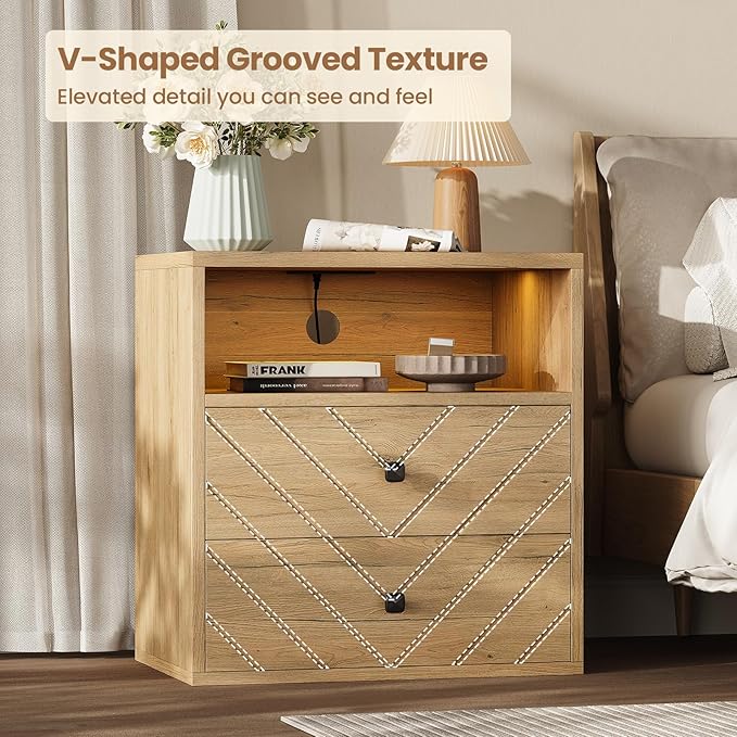 Modern Nightstand with Charging Station,LED Bedside Table with 2 Storage Drawers and Open Storage Cabinet,Wood Large End Table for Bedroom Furniture,Oak