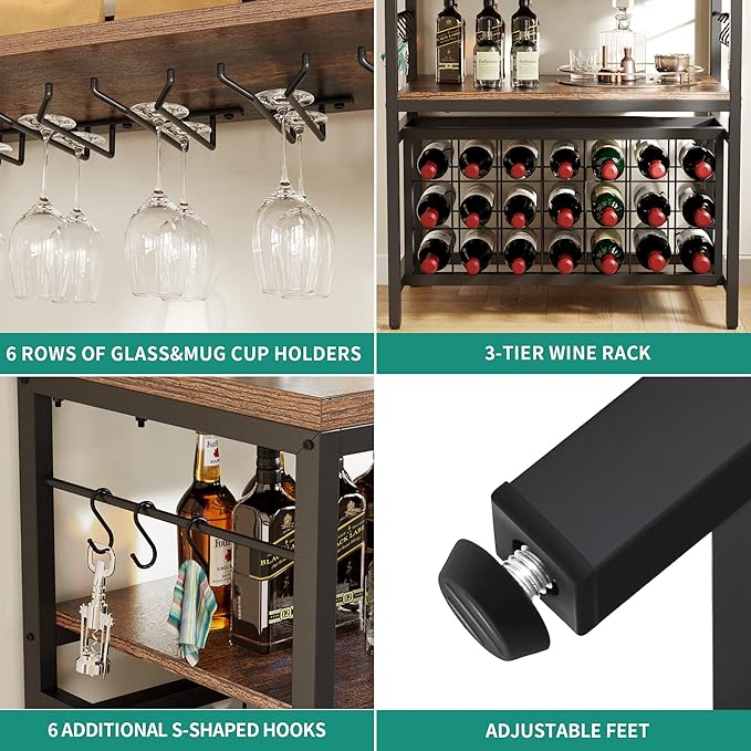 YITAHOME Kitchen Microwave Bakers Stand 31 Inches Wine Rack Free Standing Small w Storage for Liquor Glasses Power Outlet Tall Farmhouse Utility Shelf Pantry Dining Room Coffee Bar Hutch, Rustic Brown