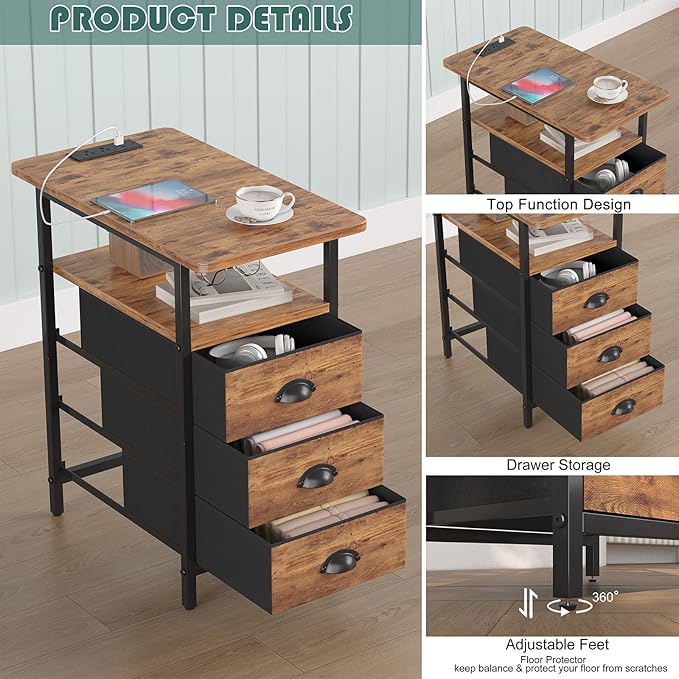 sthmec End Table with Charging Station,LED Side Tables with USB Ports and Outlets,Narrow Nightstands Bedside Tables with 3 Fabric Drawers for Small Space,Slim Sofa Table for Livingroom, Rustic Brown