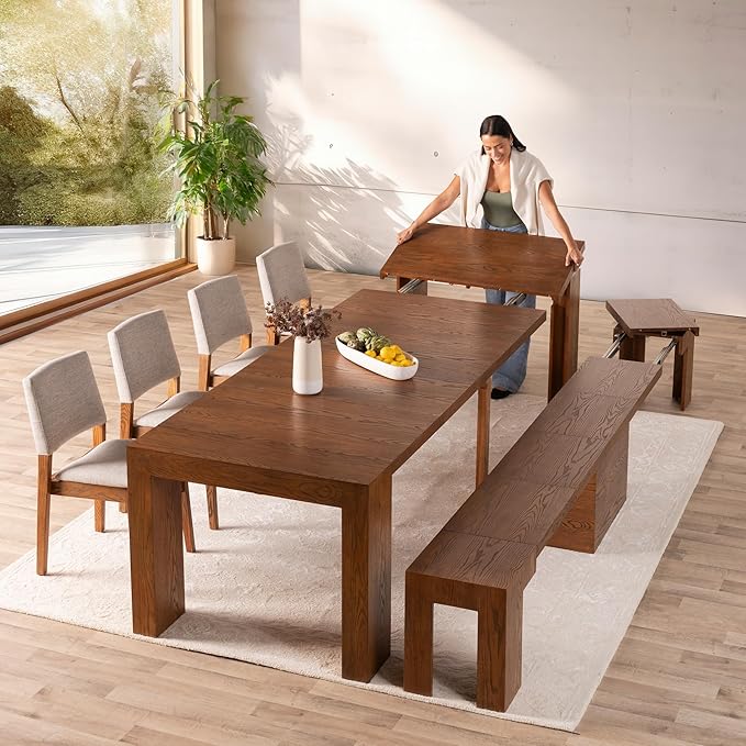 Transformer Table - Solid Wood Extendable Dining Table with Bench and 4 Stackable Chairs, Seats 2-12, Expandable Table, Space-Saving Furniture, Brown (Table + Bench + 4 Chairs)