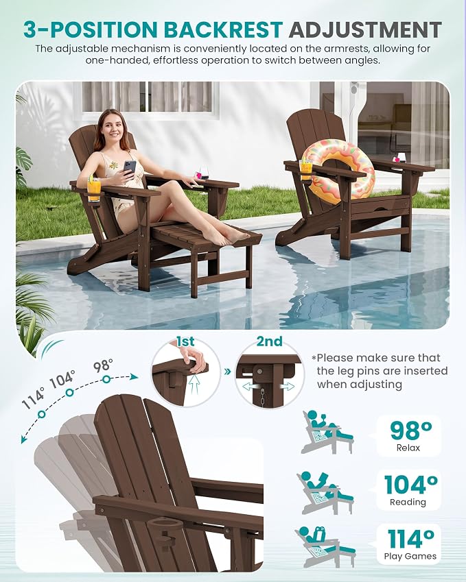 SERWALL Folding Adjustable Adirondack Chairs with Footrest Set of 2, HDPE Outdoor Chair with Dual Cup Holders, All Weather Adirondack Chair with Ottoman, Coffee