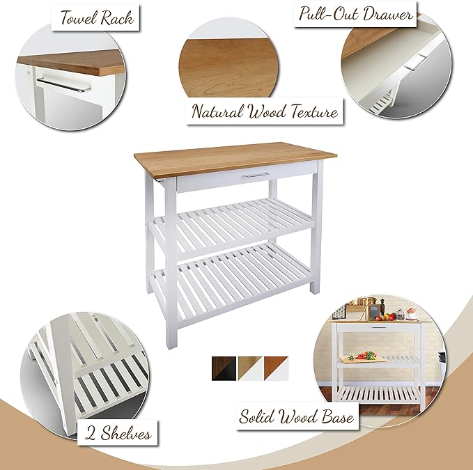 Kitchen Island with Solid Wood Top, White & Cherry Natural