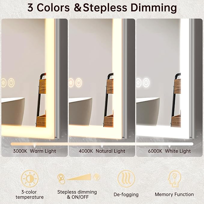 24"x32" Medicine Cabinet Mirror, LED Lighted Medicine Cabinet with Electrical Outlet＆USB, Anti-Fog, 3 Colors Temperature Stepless Dimmable, Aluminum Cabinet for Storage and Mordern Decor