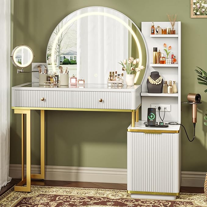 Einhomn Vanity Desk w/5x Magnifying Mirror, Fluted Makeup Vanity w/Mirror and Lights, Glass Top Vanity, Dressing Table w/Power Outlet & Drawers, Adjustable Shelves for Bedroom, Women & Girls, White