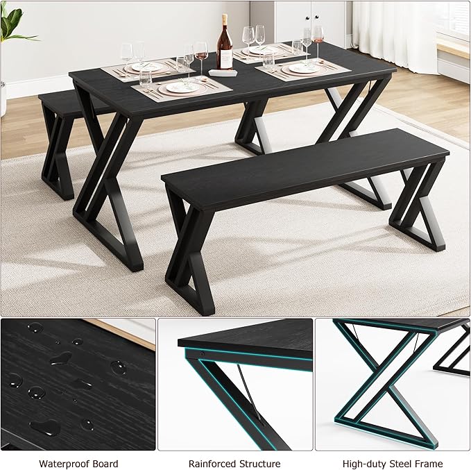 GAOMON Dining Table Bench Set for 4, Kitchen Table Set with 2 Benches, Rectangular Dining Room Table Set with Sturdy Metal Frame, Saving Space for Kitchen, Dining Room, Apartment