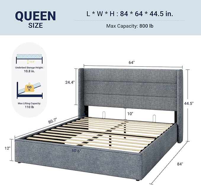 Allewie Queen Size Lift Up Storage Bed, Modern Wingback Headboard, Hydraulic Support, No Box Spring Needed, Grey Blue