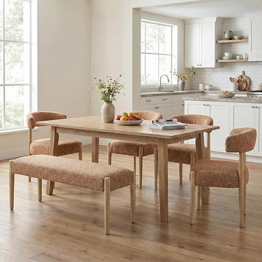 VKNOW Upholstered Dining Room Set for 6, Mid-Century Modern Dining Chairs Set of 4 and Dining Bench with Rubberwood Legs, for Dining Room, Living Room, Kitchen, Orange