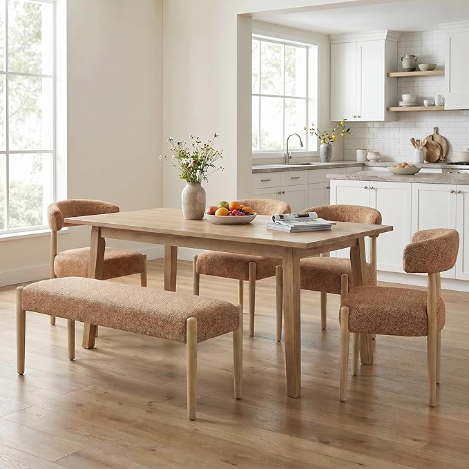 VKNOW Upholstered Dining Room Set for 4, Mid-Century Modern Dining Chairs Set of 2 and Dining Bench with Rubberwood Legs, for Dining Room, Living Room, Kitchen, Orange