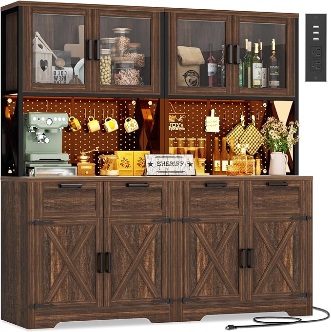 Unikito 71" Tall Kitchen Pantry Storage Cabinet with LED Light & Outlet, 63" Wide Kitchen Hutch Cabinet with Large Countertop, DIY Pegboard and Drawers, Food Pantry for Living Room,Weathered Brown