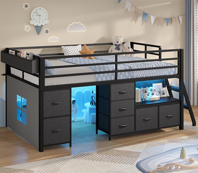 ADORNEVE Low Loft Bed Twin Size with 7 Storage Drawers, Bookcase and LED Lights, Metal Kids Loft Bed with 14" H Safety Guardrail,Inclined Ladder and Play Curtain, Under-Bed Play Space, Black