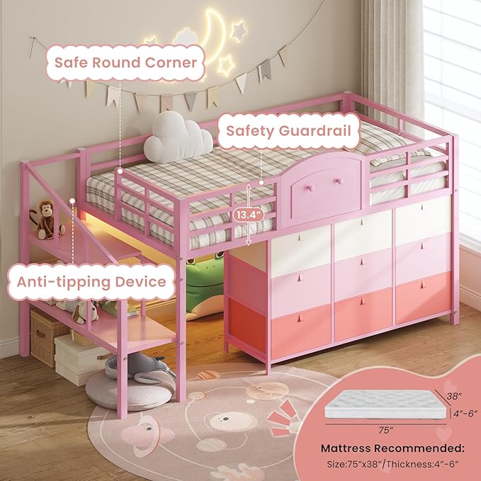 VIAGDO Low Loft Bed Twin Size with 9 Storage Drawers and LED Lights, Metal Twin Loft Bed with Stairway Shelf Storage, Low Loft Bed with Safety Guardrail and Under-Bed Hideaway for Kids, Pink