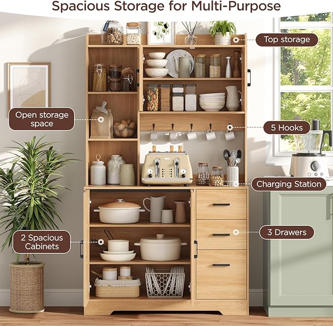 Kitchen Pantry Cabinet with Charging Station, 68" Tall Storage Cabinet with 3 Drawers, 2 Cabinets, Open Shelves, Fluted Doors, Wood Kitchen Hutch with Microwave Stand for Dining Room Living Room