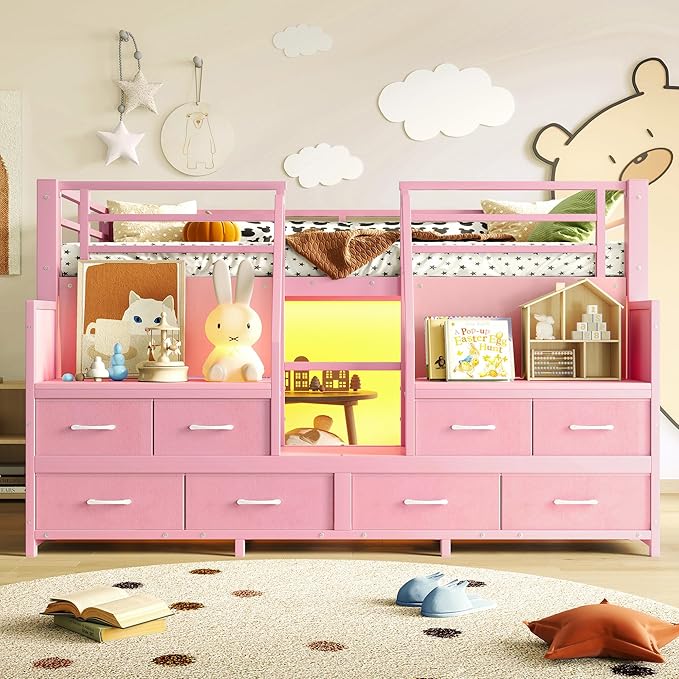 Bellemave Twin Size Loft Bed with 8 Non-Woven Fabric Storage Drawers and Bookshelf, Low Loft Bed with Lights and Private Play Curtain, Twin Loft Beds with High Rails, Noise Reduced Pink