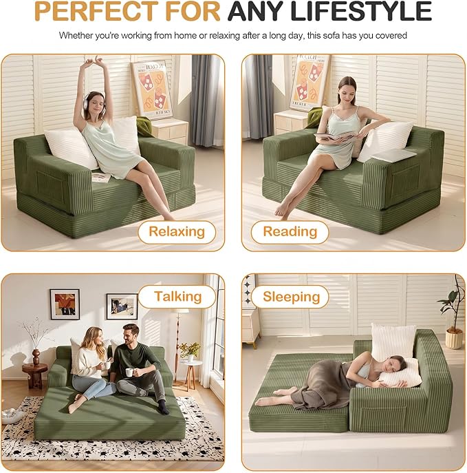 Erament Boneless Loveseat Convertible Sofa Bed, Folding Floor Futon Sleeper Sofa Couch Bed- Boneless Foldable Couch, Corduroy Pull Out Sofa Bed with 2 Pillows for Living Room & Bedroom