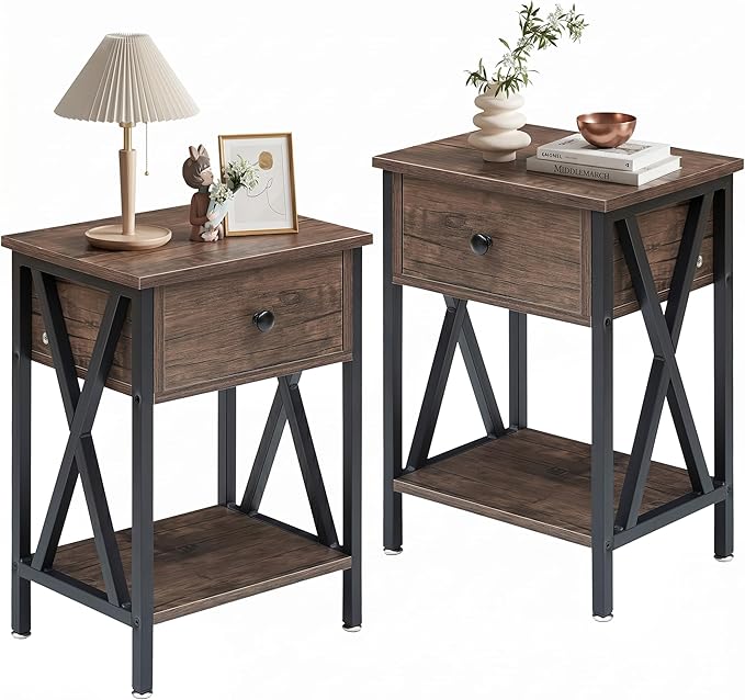 VECELO Nightstands Set of 2, Modern Bedside End Tables, Night Stands with Drawer and Storage Shelf for Living Room Bedroom, Industrial Metal Frame