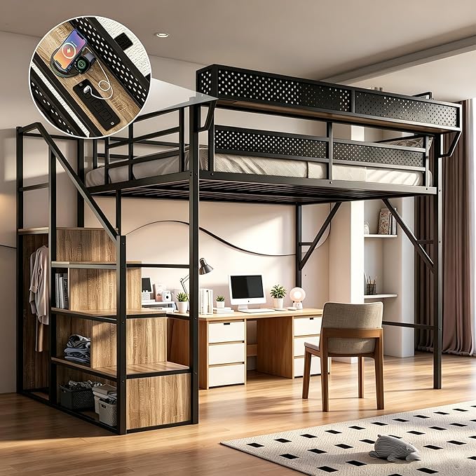 Queen Size Metal Loft Bed with LED Lights and USB Charging Port, Storage Shelf, Reversible Storage Stairs with Wardrobe, Heavy Duty Noise-Free Design, Large Under Bed, No Box Spring Needed