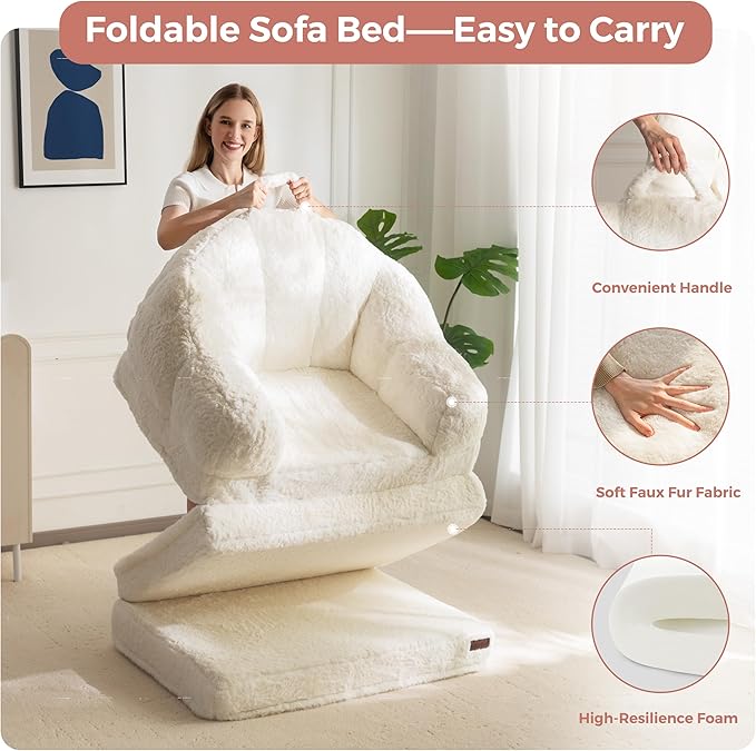 MAXYOYO Folding Sofa Bed, 2 in 1 Convertible Sofa to Lounger Comfy Single Bean Bag Chair for Adults, Floor Sleeper Couch with Handle, Faux Fur Couch Bed for Living Room Bedroom, Beige