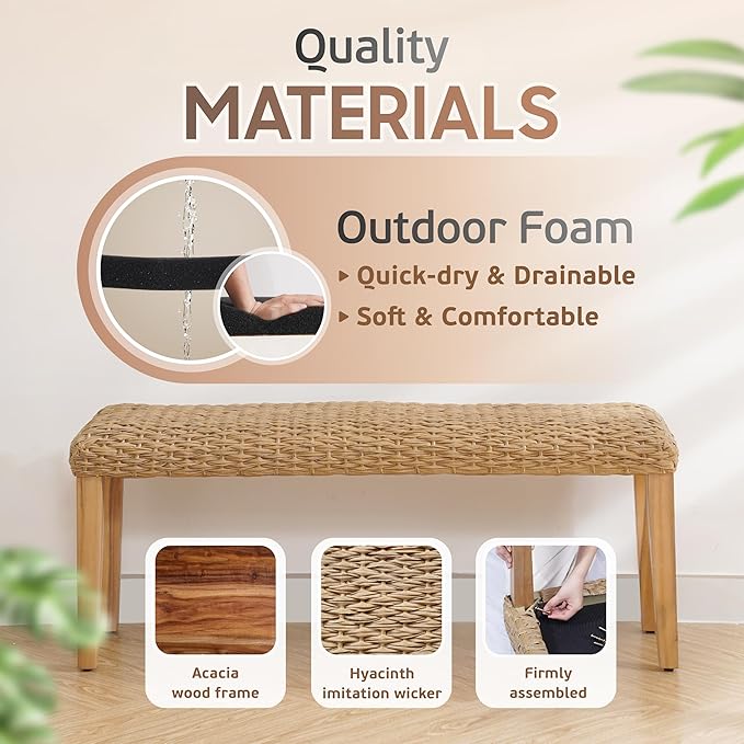 Outdoor Backless Bench, All-Weather Wicker & Solid Acacia Wood, Premium Garden Bench with Woven Rattan Seat and Thick Outdoor Cushion for Patio, Porch, Living Room or Entryway (Natural, PE Wicker).