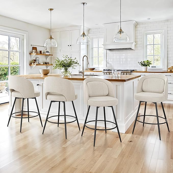 LUE BONA 26''H Swivel Bar Stools Set of 4, Counter Height Bar Stools with Backs, Lumbar Pillow and Black Metal Frames, Upholstered Modern Barstools for Kitchen Island, Linen Farbic, Linen Color