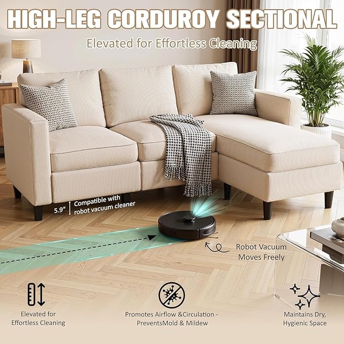 JAMFLY Sectional Sofa for Living Room, 3-Seat Reversible Couch with Convertible Ottoman, Modern L-Shaped Sofas for Small Apartment, Studio & Office, Tool-Free Easy Assembly, Beige