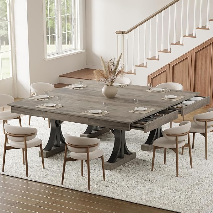 Garvee 71-Inch Dining Table with 2 Drawers,Rectangular Dining Table for 6-8 with Double Pedestal & Sturdy Frame, Industrial Wooden Kitchen Table with Large Tabletop, for Dinner, Rustic Gray