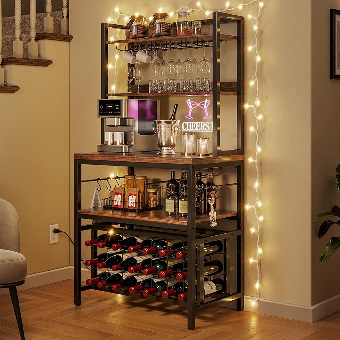 YITAHOME Kitchen Microwave Bakers Stand 31 Inches Wine Rack Free Standing Small w Storage for Liquor Glasses Power Outlet Tall Farmhouse Utility Shelf Pantry Dining Room Coffee Bar Hutch, Rustic Brown
