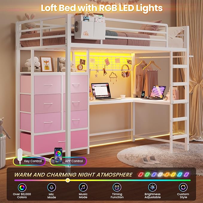 DICTAC Twin Size Loft Bed with L-Shaped Desk and 7 Storage Drawers,Metal Twin Loft Bed for Kids with LED Lights & Charging Station,Girls loft beds with 13.11" H Safety Guardrail and Stair,White+Pink