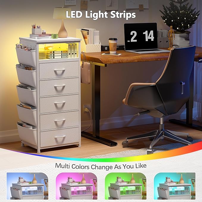 EnHomee Tall Nightstand with 5 Drawers, Night Stand with Charging Station and LED Light, Bedside Table with Extra Side Bag & Hooks, Dorm, Bedroom, Closet, Hallway, Entryway, Save Space, White