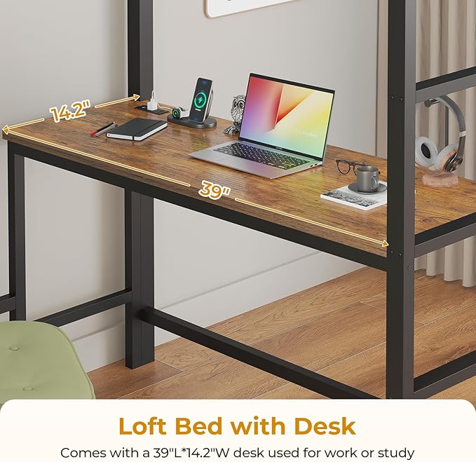 ADORNEVE Twin Size Loft Bed with Desk and 8 Storage Drawers, Metal Kids Loft Bed Twin with LED Lights & Charging Sation, Storage Shelves, 13.1" H Safety Guard & Ladder, Rustic Brown