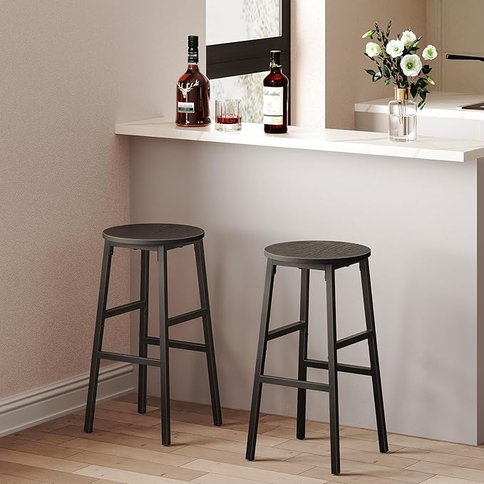 MAHANCRIS Bar Stools, Set of 2 Round Bar Chairs with Footrest, 24.4 Inch Kitchen Breakfast Bar Stools, Industrial Bar Stools, Easy Assembly, for Dining Room, Kitchen, Black BAHB0201 (Pack of 3)
