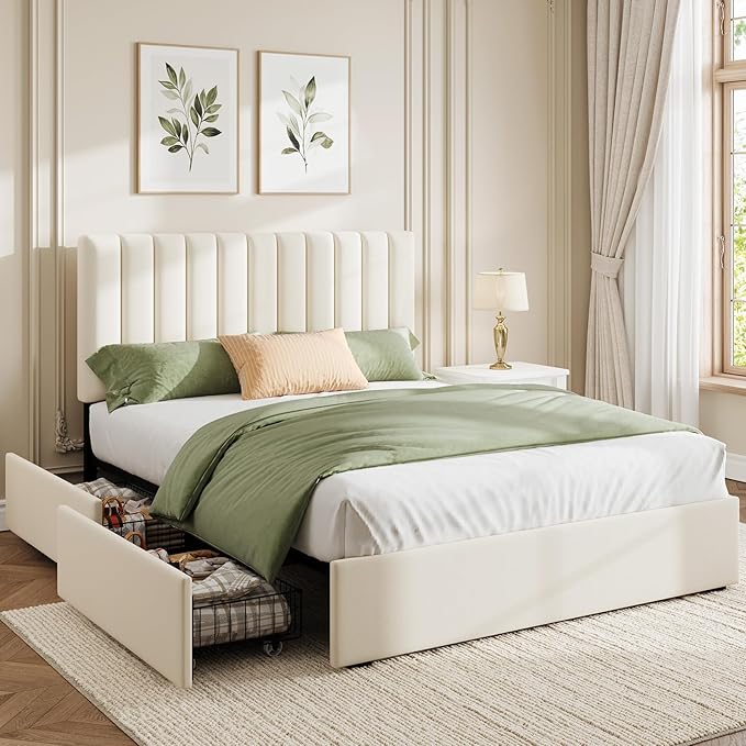 Welzona Full Bed Frame with Storage and Headboard, Velvet Upholstered Metal Platform Bed with Vertical Channel Tufted Headboard, 3-Level Height, 4 Storage Drawers, Noise Free, Easy Assembly, White