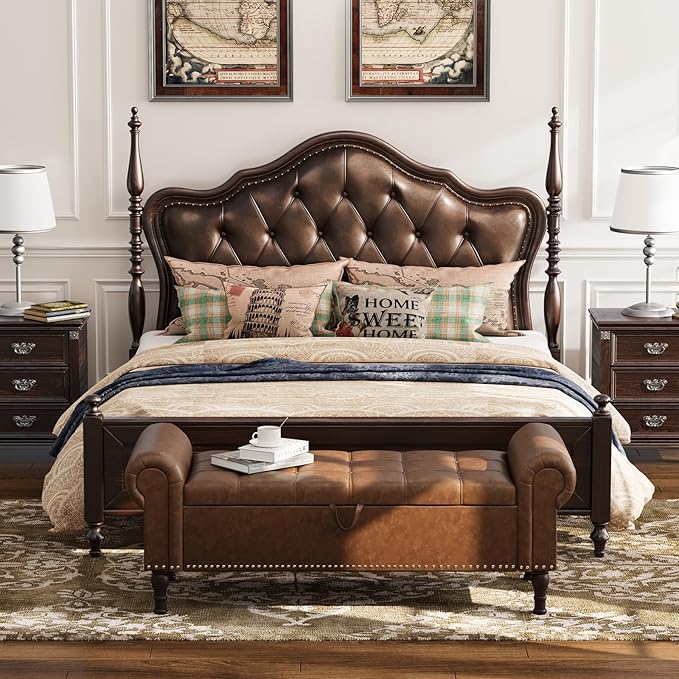 Apicizon 51” Bench with Storage, Upholstered Tufted Button Bedroom Bench with Storage, Faux Leather Ottoman Bench for Bedroom, Living Room, Entryway, Yellow Brown