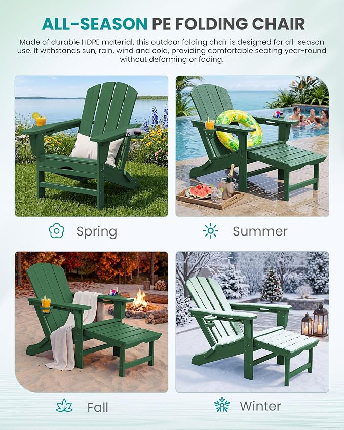SERWALL Folding Adjustable Adirondack Chair with Footrest, HDPE Outdoor Chair with Dual Cup Holders, All Weather Adirondack Chair with Ottoman, Green