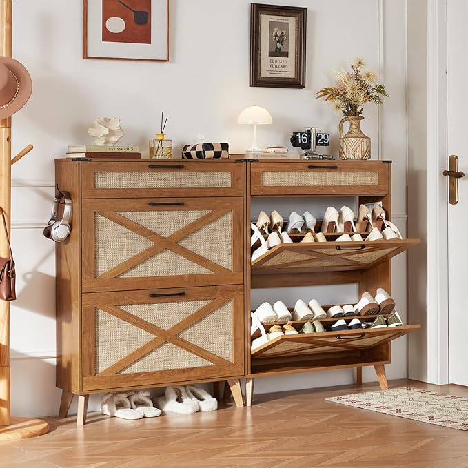LEYAOYAO Shoe Cabinet Storage for Entryway with 2 Flip Drawers Rack Narrow Organizer Slim Hidden Wood Shoe Cabinet Furniture Tea Brown