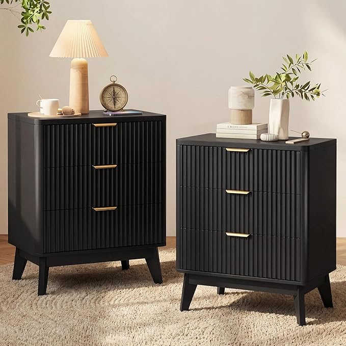 LYNCOHOME Fluted Nightstand Set of 2, Wood Bedside Table with 3 Drawers, Modern Farmhouse Storage End Table for Bedroom, Black